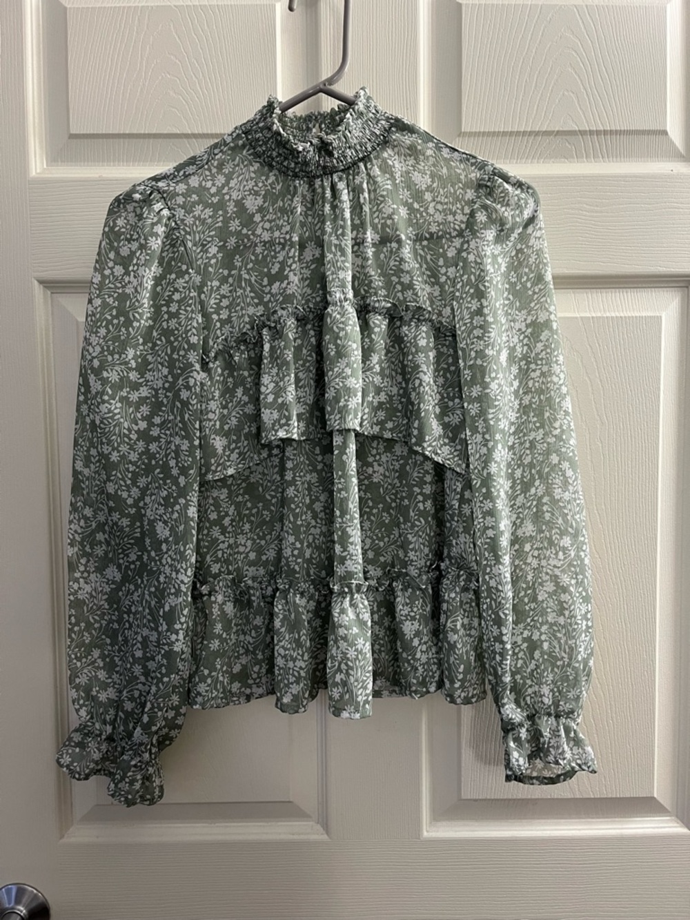 Women’s Floral Ruffle High-Neck Blouse - Sage Green